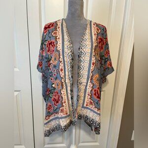 Blue Rain floral roses open kimono cardigan cover up oversized cottagecore Sz SM
